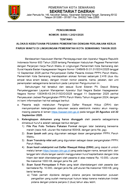 Alokasi Kebutuhan Pegawai Pemerintah Dengan Perjanjian Kerja Paruh Waktu di Lingkungan Pemerintah Kota Tahun 2025